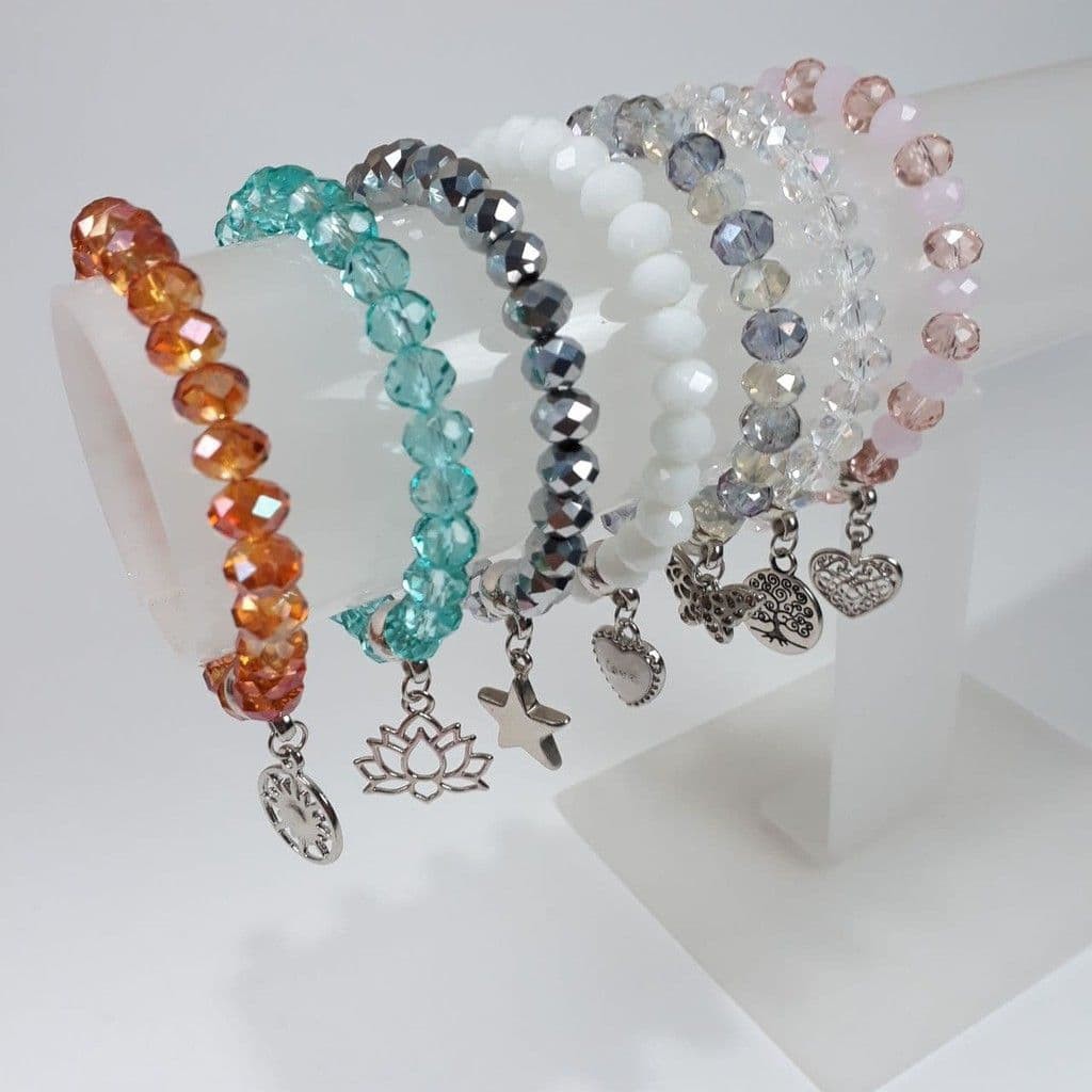 Pulseira de Cristal 8mm com pingente (estrela, coração, buda, flor de lótus, trevo, árvore, borboleta, libélula) em Oferta na Shopee