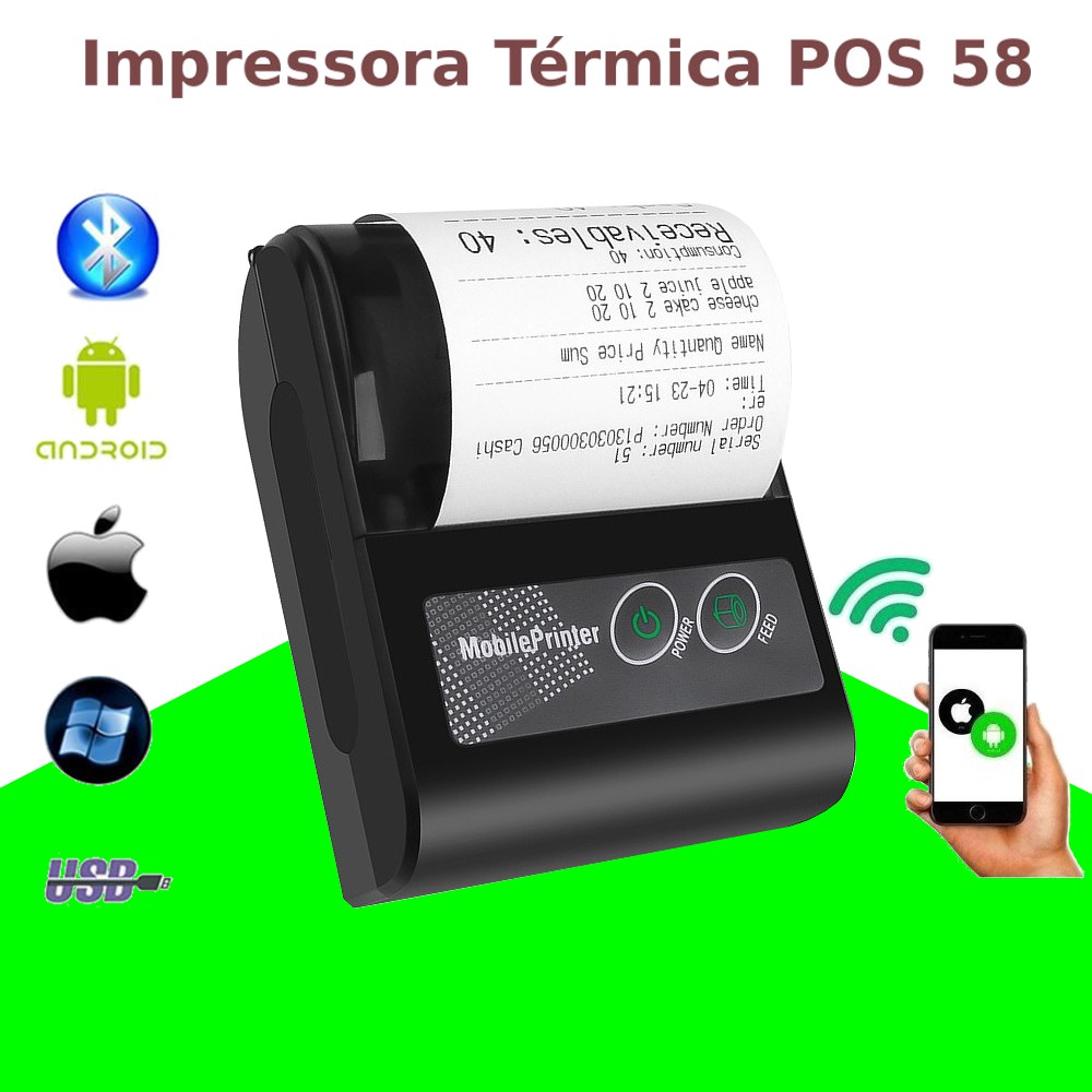 Mini Impressora Térmica Bluetooth 58mm Portátil – Recibos, Comandas, Delivery iFood, Android e iOS Sem Tinta