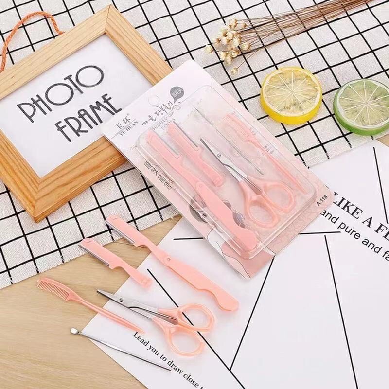 Kit Rosa 5 Peças de Sobrancelhas /Navalha/Tesoura em Oferta na Shopee