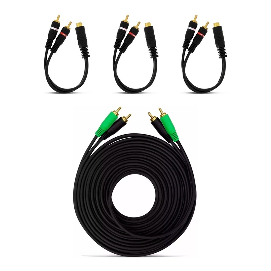 Kit 1 Rca 5 Metros Blindado + 3 Cabos Y 2 Machos 1 Fêmea