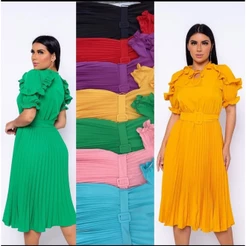 Vestido plissado babado manga moda evangelica com cinto01 cod 101