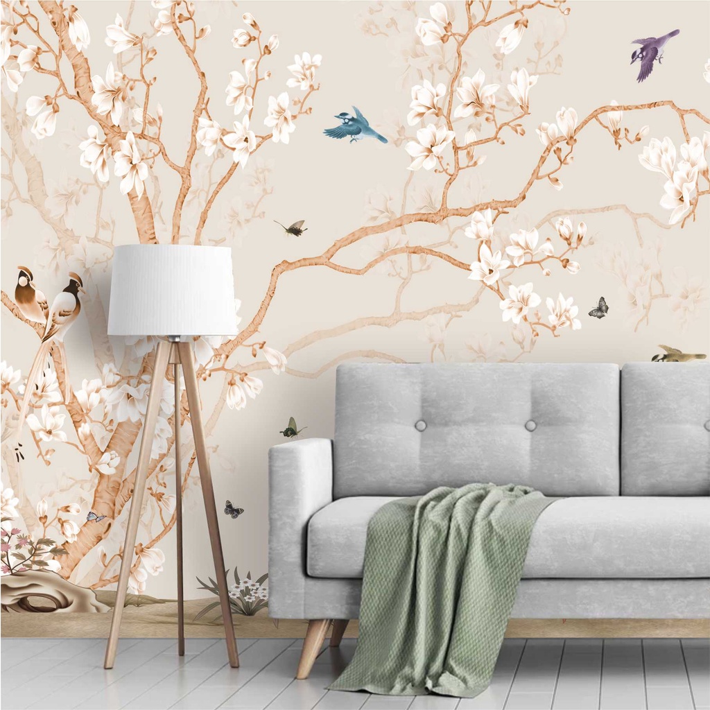 Papel De Parede Floresta Passarinho Arvore Flor Painel Adesivo G1098