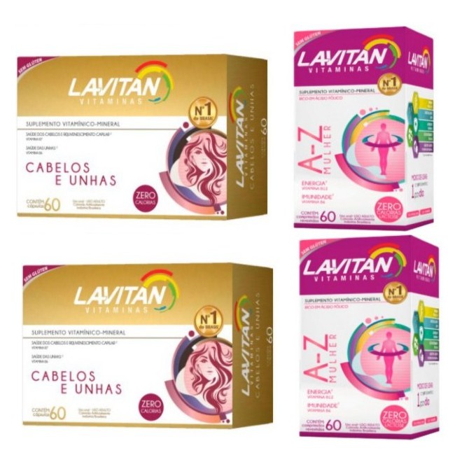 Kit 2 Lavitan Hair Cabelos E Unha  com Biotina Cimed 60 Cápsulas + 2 Lavitan Mulher c/60 ®