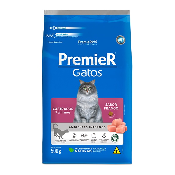 Ração Premier Ambientes Internos para Gatos Castrados de 7 à 11 anos de idade Sabor Frango - 500g - Pets