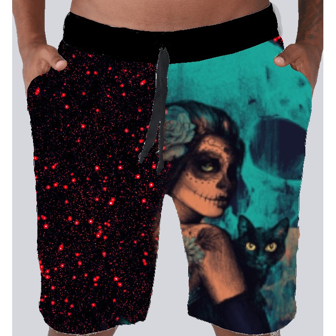 Bermuda Masculina de Moletom Estampada por Sublimação Caveira Mexicana Mulher e Gato 2 A99