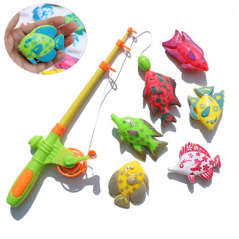 7 Pçs/Conjunto De Pesca Magnética Pais-Crianças Jogo De Brinquedos Interativos Kids 1 Vara 6 3d Peixe De Banho Para Bebês Ao Ar Livre