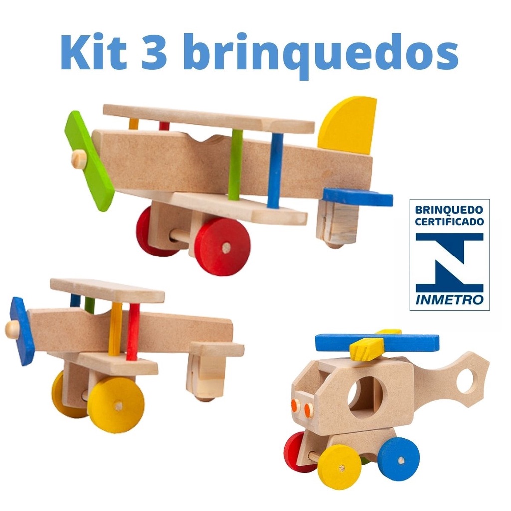 kit 3 brinquedos  de madeira artesanal pintado com tinta atóxica 1 avião grande 1 avião pequeno 1 helicoptero  brinquedo