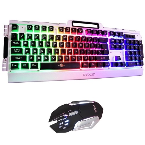 Conjunto Teclado + Mouse Óptico Gamer Semi Mecânico Led Colorida Metal Exbom BK-G3000 Prata