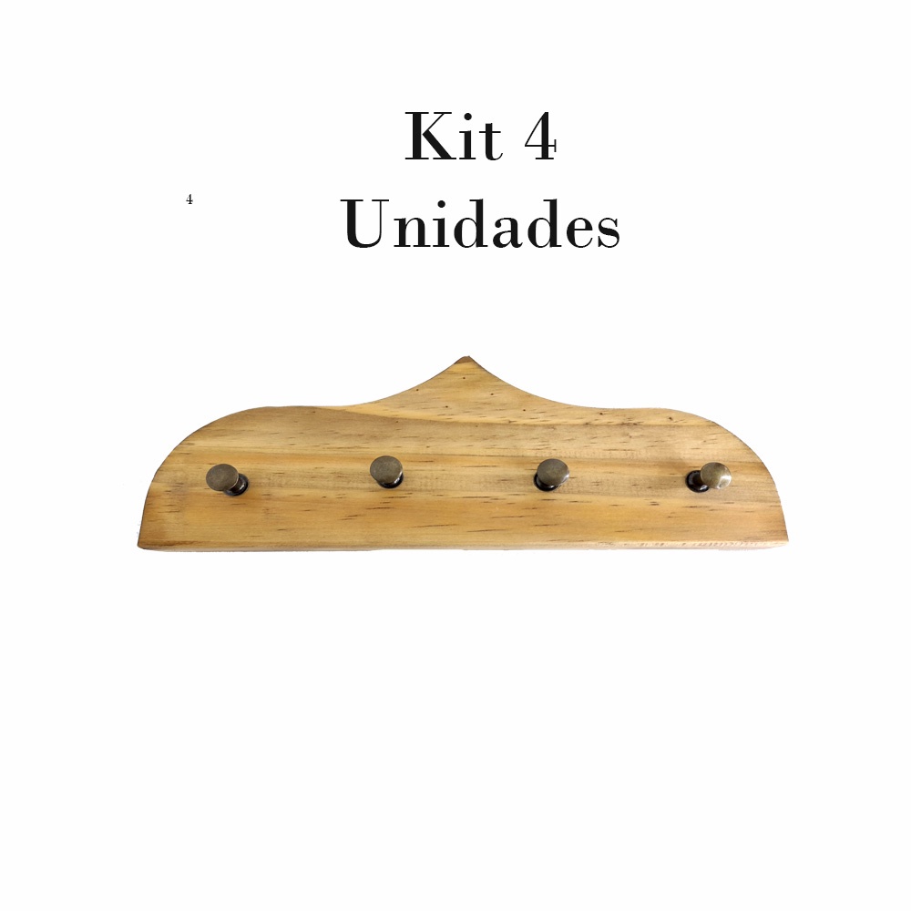 Kit 4un Porta Chaves Madeira Pinos de Parede 4 Ganchos Organizador Multiuso