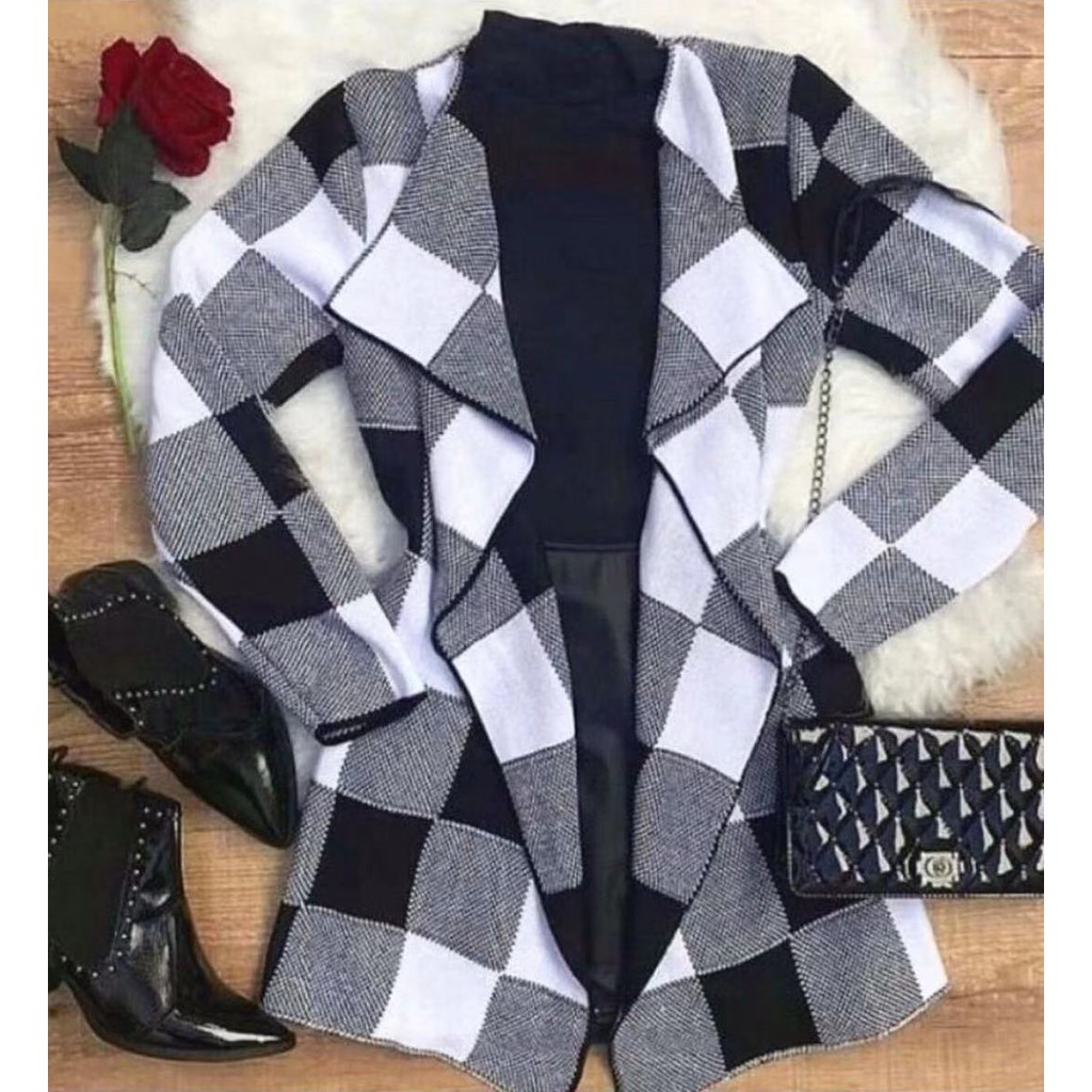 Kimono onça Xadrez Cardigã tricô Feminina Manga Longa