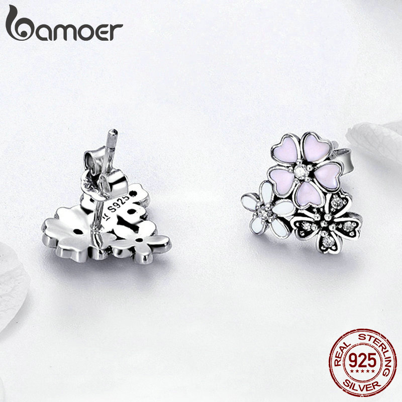 Detalhes do Bamoer 925 Brincos De Flor Cerejeira Daisy Rosa De Prata Esterlina Para Mulheres/Joias/Presente SCE400