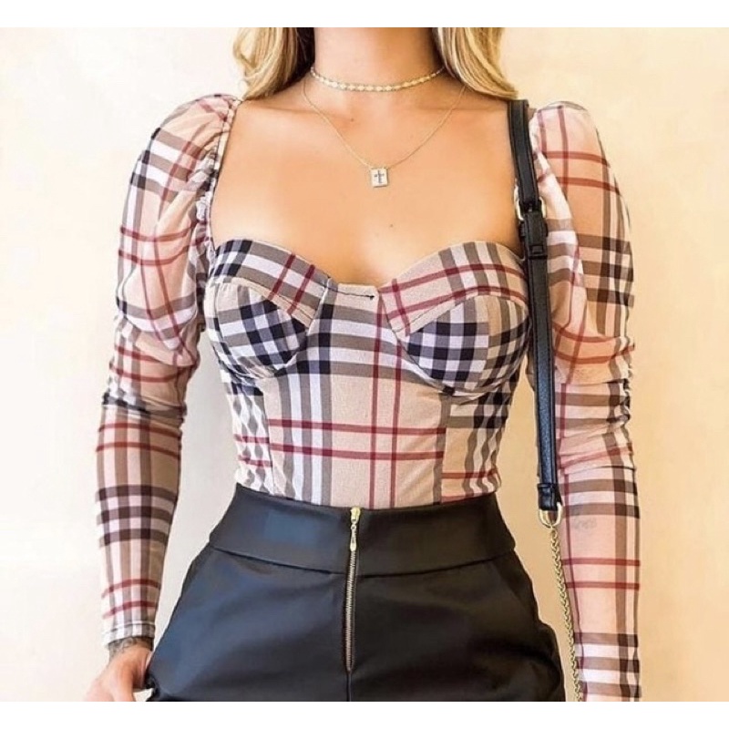 cropped feminino Burberry estampa xadrez tule com bojo blusa feminina  roupas femininas manga princesa blogueiras | Shopee Brasil