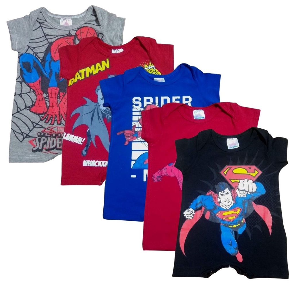 [Tam: P,M,G] Macaquinho de Bebê Infantil Menino 70028 Body Calor Temático Personagens Homem Aranha, Batman, Superman, Capitão América, Homem de Ferro Lindo macacão verão
