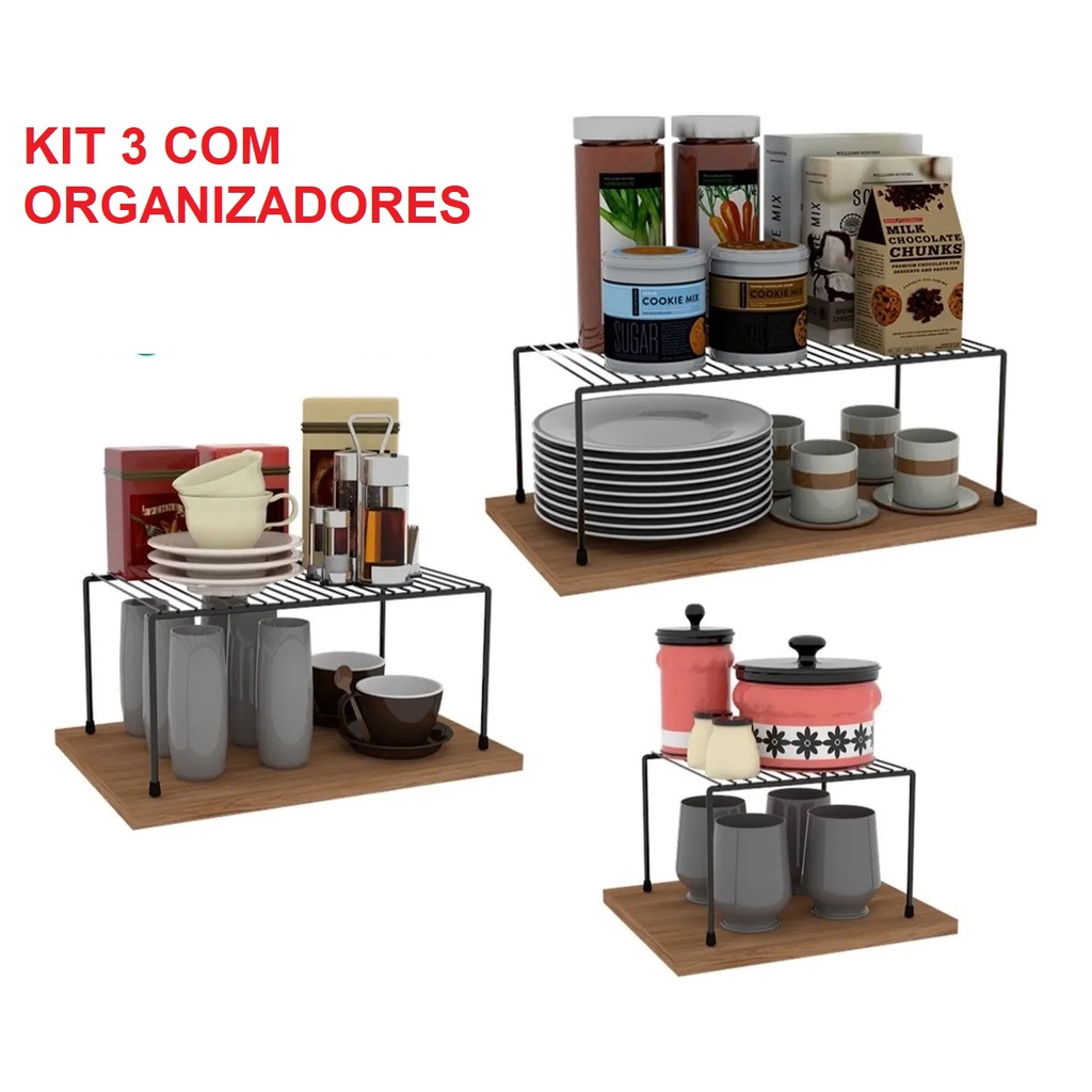 KIT 3 Organizador Suporte de Armário Cozinha Prateleira Pratos Copos Aramado Preto