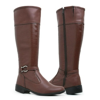 Bota Feminina Capuccino Cano Longo Alto Botas Montaria Salto Baixo Ziper Lateral Confortável Com Fivela