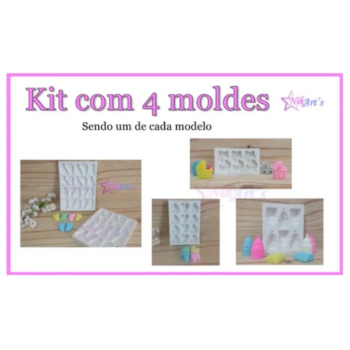 Kit com 4 moldes, forma de silicone para sabonetes, artesanatos, resinal, biscuit, lembrancinhas. (1 - Mamadeira, 1 - Mini Corações, 1 - Pezinho de 20 cav, 1 - Carrinho 6 cav)