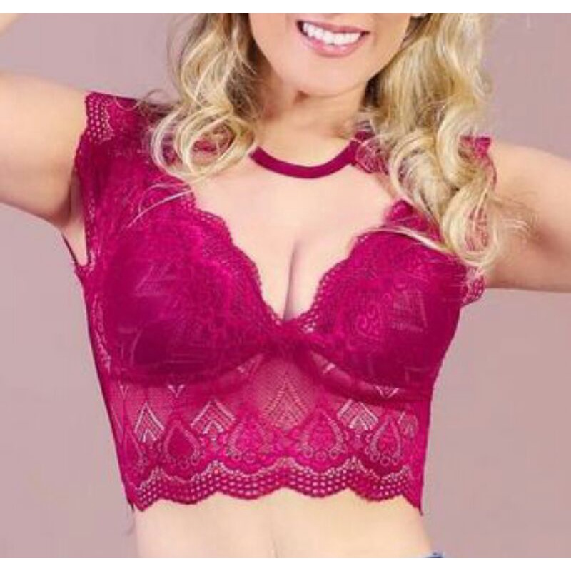 Cropped Renda Manga Curta com Decote em Tule
