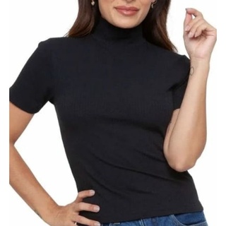 Tshirt blusa canelada gola alta manga curta