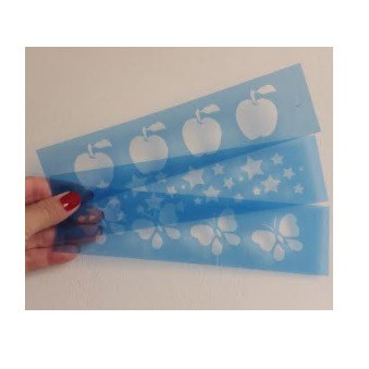 Stencil Barras 10 moldes vazados 20 x 5 cm Borboletas Estrelas Frutas Corações