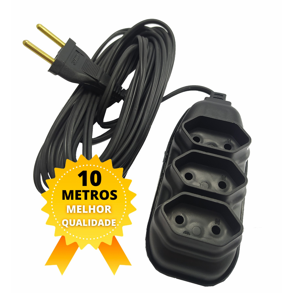 EXTENSÃO ELETRICA 10 METROS PARA TOMADA LICENÇA INMETRO COM 3 TOMADAS Envio Rápido