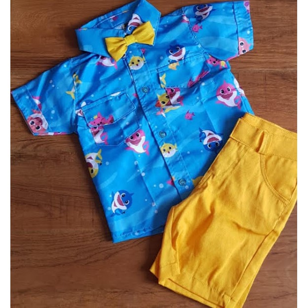 Conjunto Infantil Menino Masculino - Baby Shark - Bermuda com Suspensório + Camisa Temática + Gravata