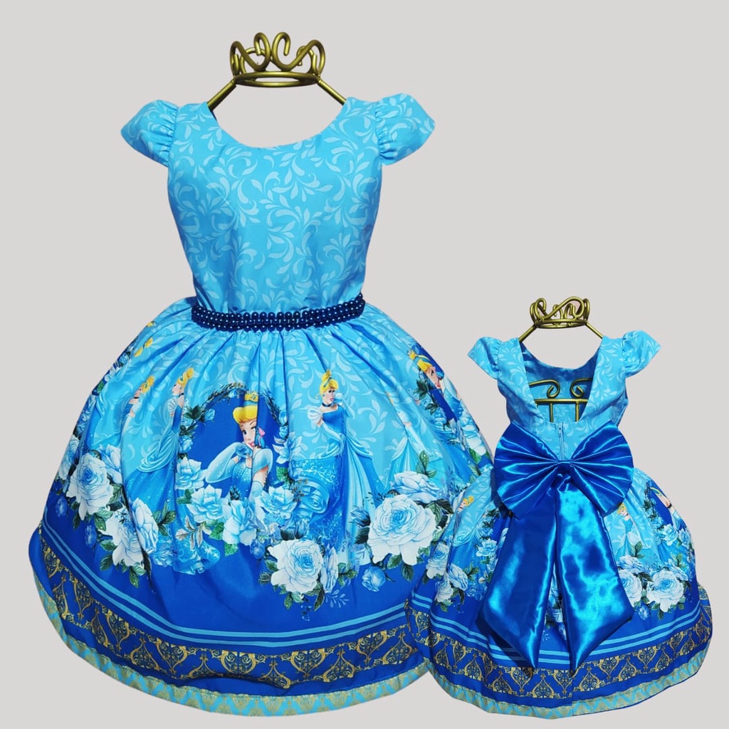 Vestido Festa Infantil Da Cinderela Azul Com Detalhes Amarelo