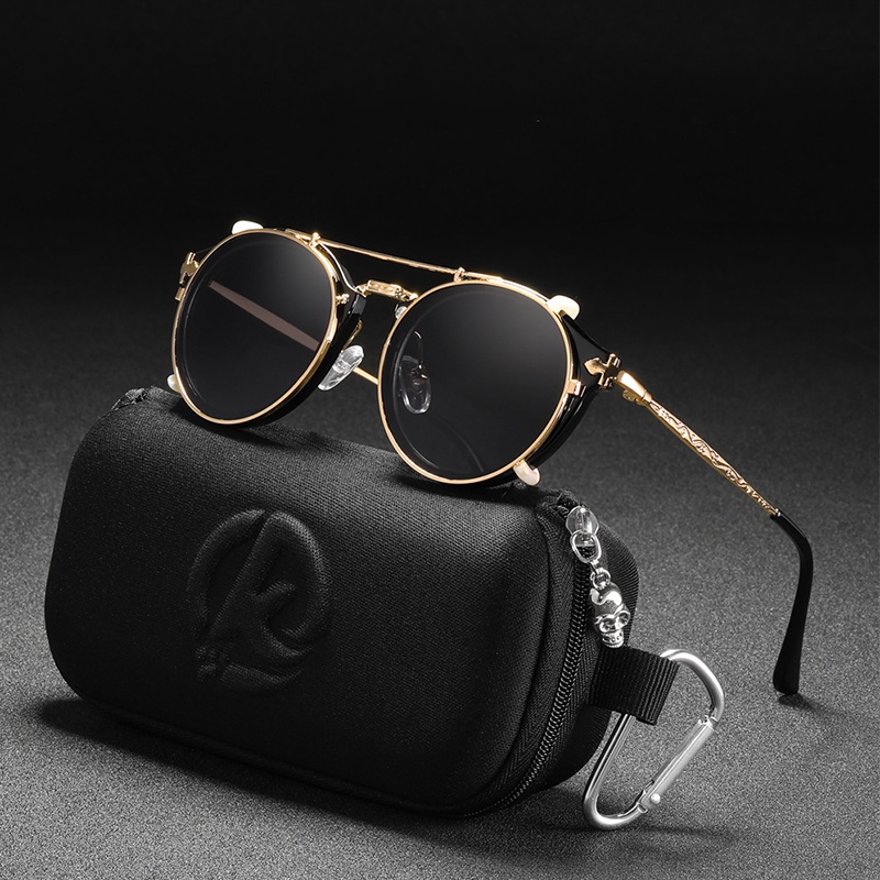 Retro Steampunk Redondo Clipe Em Óculos De Sol Das Mulheres Dos Homens Dupla Camada Lente Removível Pernas UV400