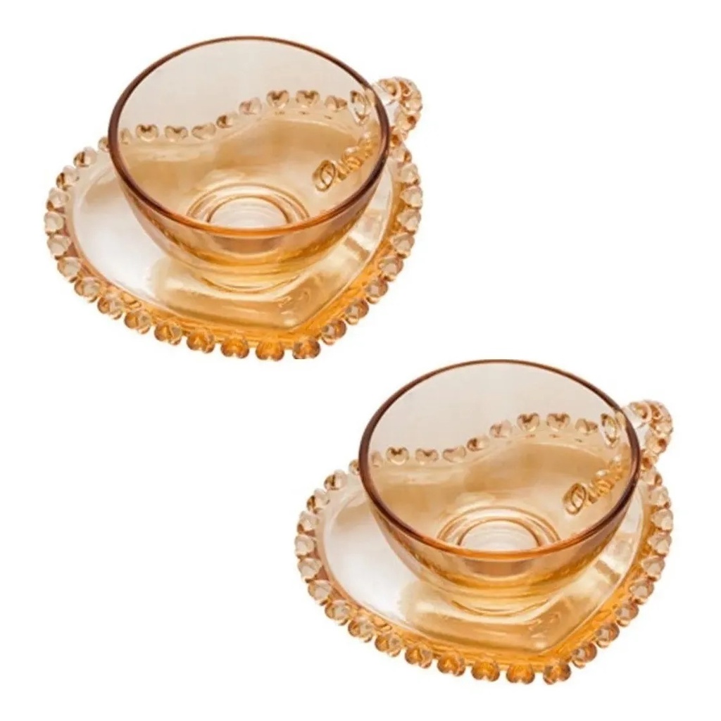 2x Xicaras Cafe Cristal Detalhes em forma de Coração C/pires Ambar 80ml Mesa Posta Luxo