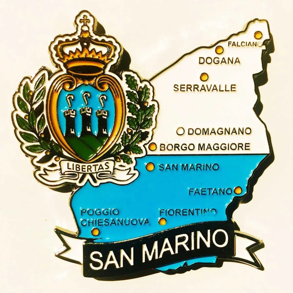 Imã San Marino com Mapa, Bandeira, Cidades e Símbolos - Imã de Geladeira Metal San Marino