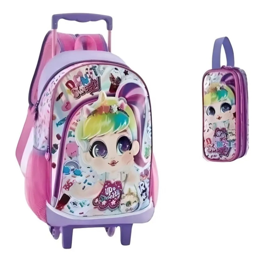 Mochila Escolar Infantil Rodinha Carrinho Donuts Menina Rosa Violeta Baby Unicórnio + Estojo