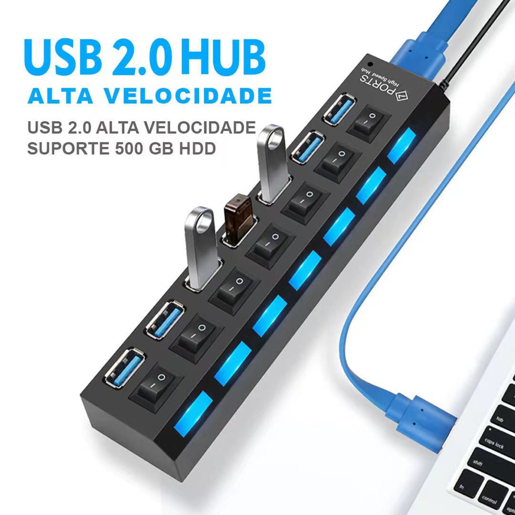 Hub De Usb 7 Portas 2.0 Hd Extensor High Speed Pen Drive Hd E LED plitter Converter Expansor Para Pc Computador Notebook Multi Portas