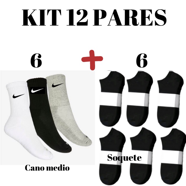 Kit 12 pares 6 meias soquete e 6 meias cano médio algodão unissex