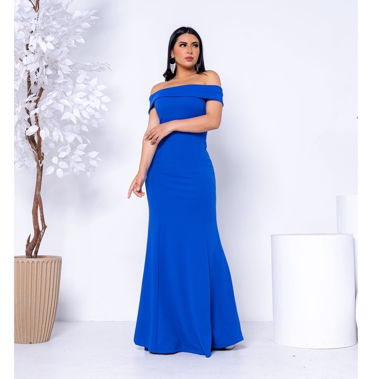 vestido longo festa coral terracota azul royal e rosa ciganinha sereia madrinha de casamento civil batizado bodas convidadas chá de bebê longo maternidade festa eventos elastano - Pronta Entrega