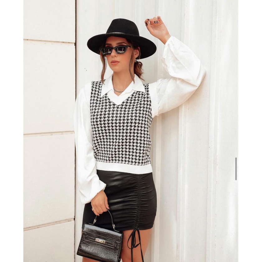 Colete feminino blusa de tricot colete de tricot colete pied poule