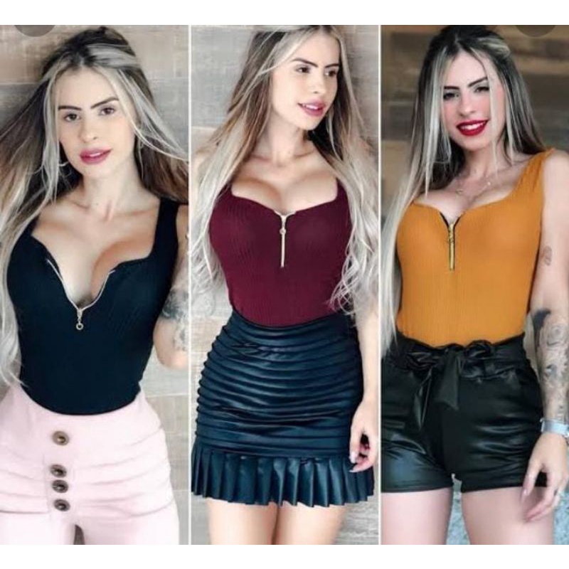Body Regata Com Zíper Tecido Canelado Veste M G e GG em Oferta na Shopee