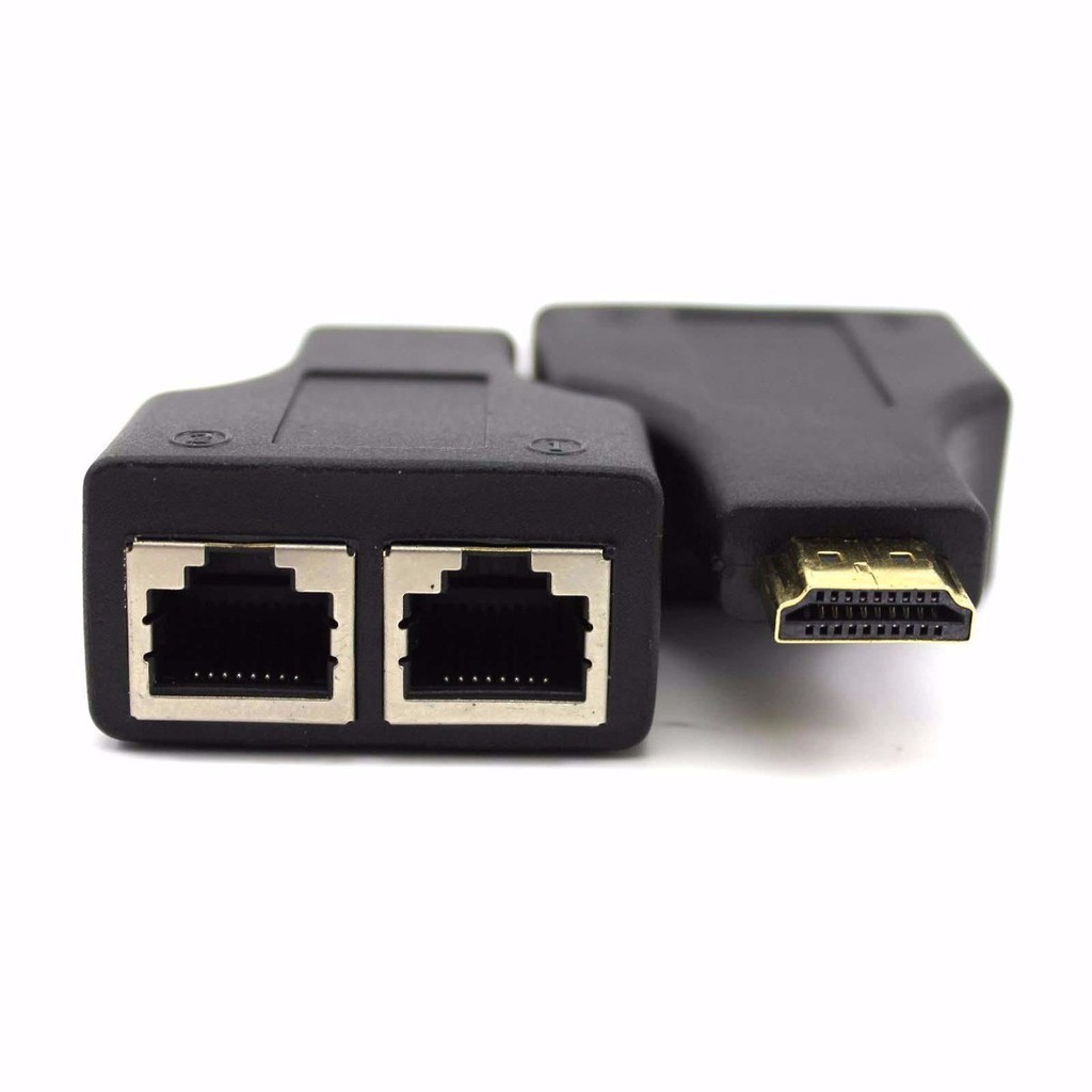 Extensor HDMI via cabo de Rede Cat5e ou Cat6 30m máximo + Áudio. Plug and Play. Suporta resolução VGA, SVGA, XGA, WXGA, SXGA, resolução máxima: 1920 x 1440 a @60Hz.