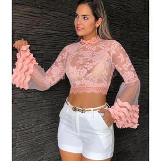 Blusa de Tule e Renda com Babado em Guipir Manga Longa (AH1063)