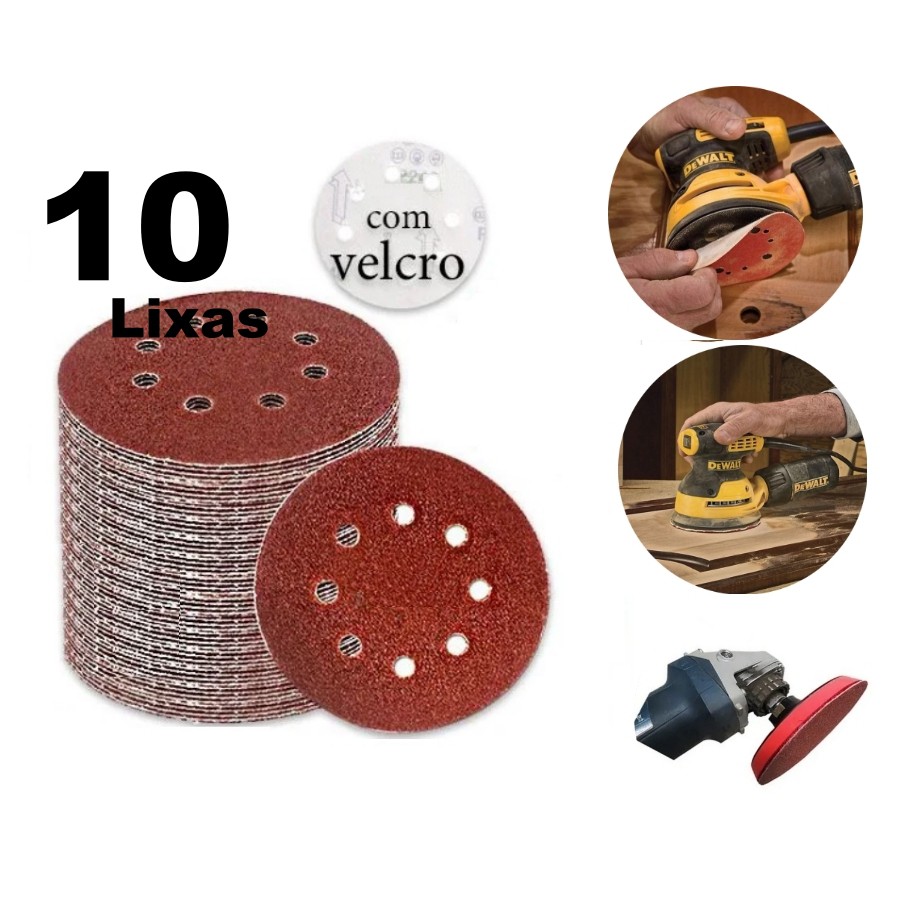 kit 10 Discos de Lixa 125mm (5") 8 Furos com Pluma P/ Rokit Politriz Lixadeira Diversos Grãos