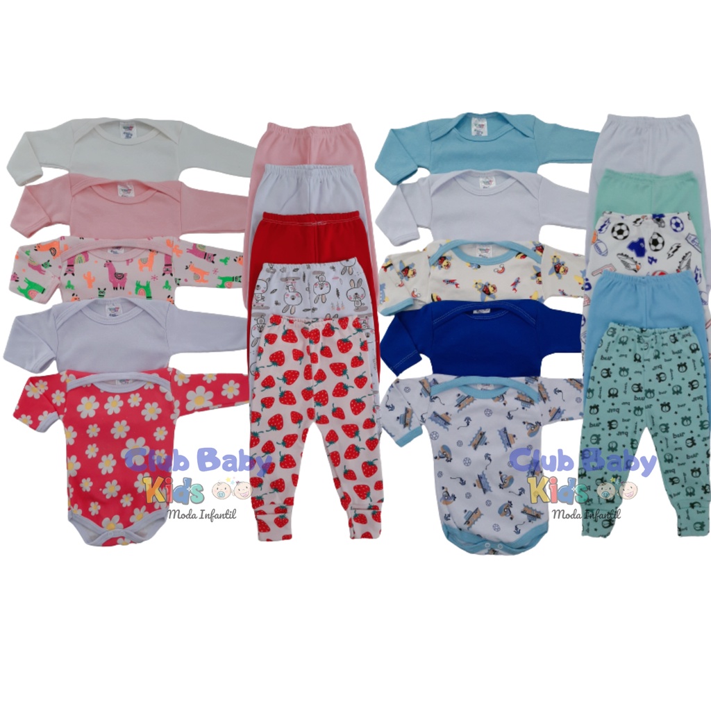 Kit 10 Pçs Bebê Body Manga Longa + Mijão Vira Pé 100% Algodão Suedine