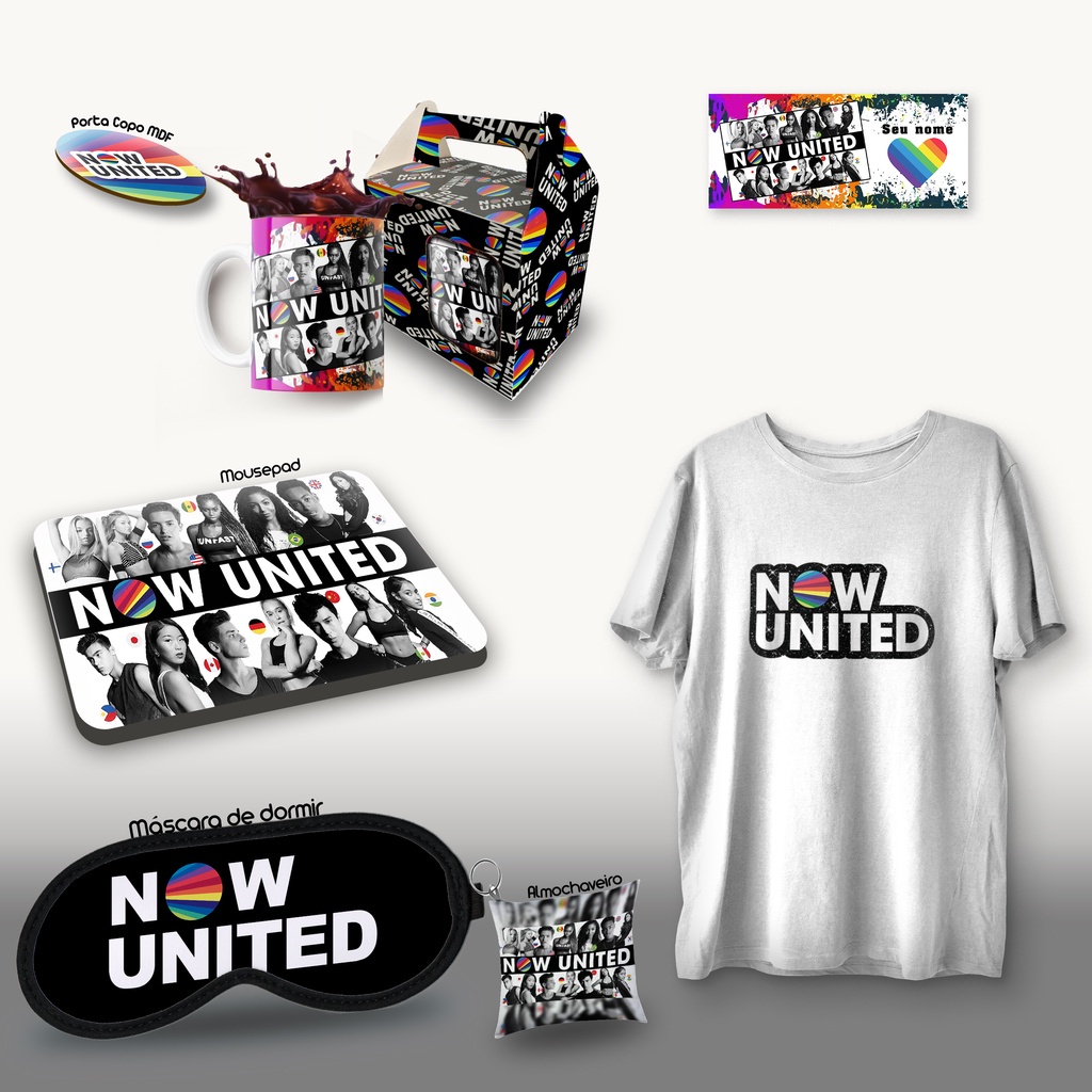 Kit Banda Now United porta copo, camisa, máscara de dormir, mousepad e almochaveiro