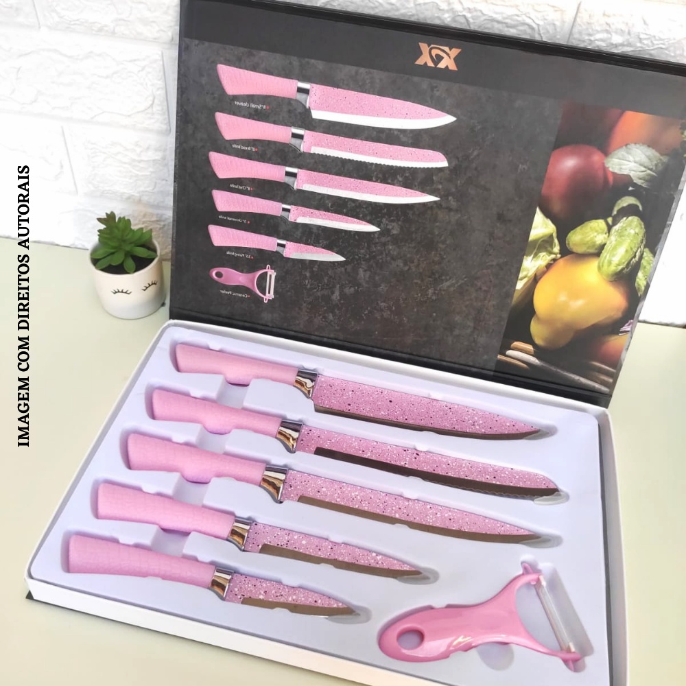 Jogo de facas Rosa Antiaderente Chef Profissional De Cozinha Faqueiro Gourmet Aço Inox e Descascador presente chá de cozinha Faca de Churrasco Linha Premium