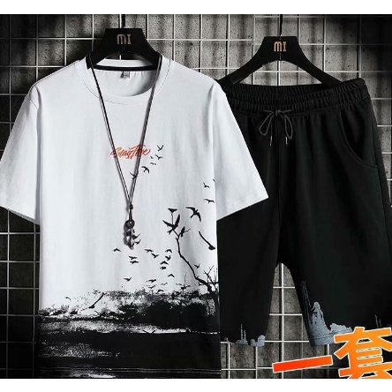 Conjunto De Camiseta Masculina Esportiva De Manga Curta Mil Pássaros + Short