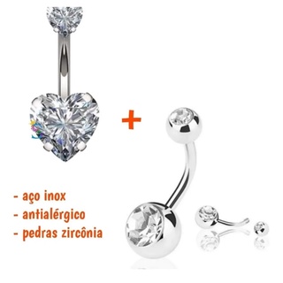2 Piercing Umbigo Pedra de Zircônia Coração Em Aço linha Premium hipoalergico