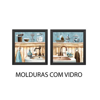 Kit Quadros Decorativos Banheiro Lavabo Toalete Elegante Molduras Em Madeira Com Vidro