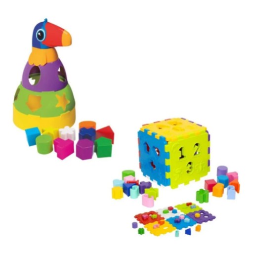 Kit De Brinquedos Infantil Didático Para Bebês Tucano E Cubo