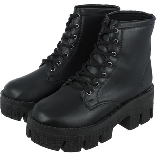 Bota Coturno Feminino Plataforma Tratorado Novo Donatella Shoes Cano Medio Militar Preto com Cadarço Botinha