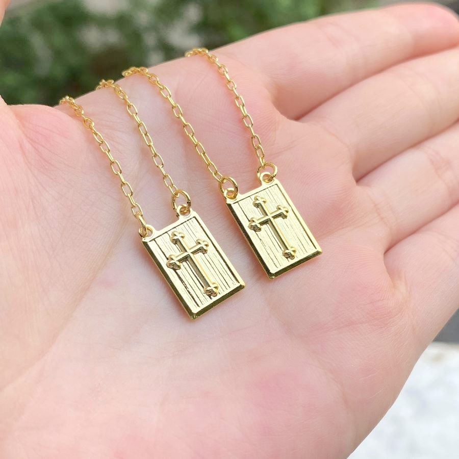 Escapulário Masculino Placa com Cruz 1mm 60cm 4,5g Banho de Ouro 24K Escapulário Banhado Escapulário Masculino