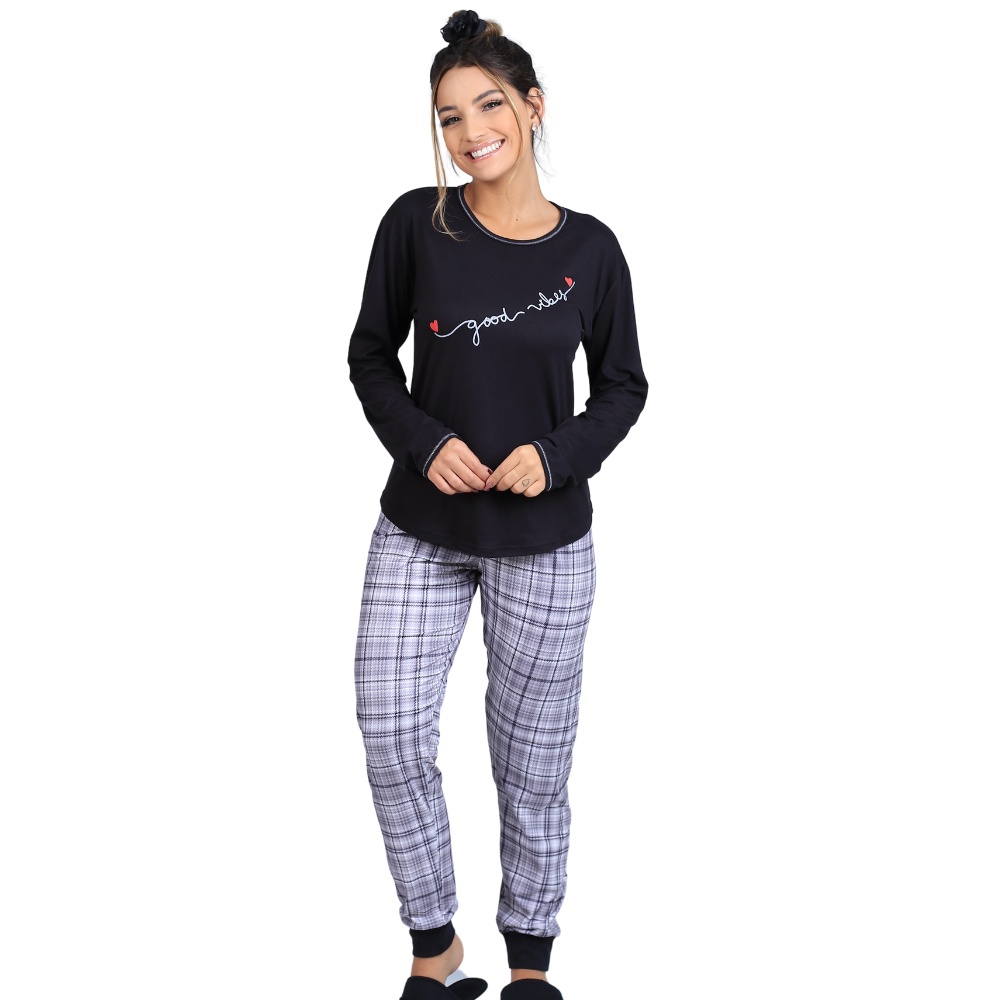 Pijama De Frio Feminino Para O Inverno Com Estampa Conjunto Blusa Manga Comprida E Calca em Oferta na Shopee