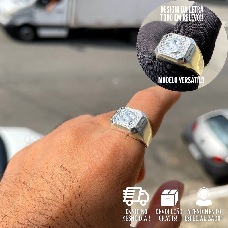 Anel Masculino Prata 925 Letra S Banhado a Prata 925 Italiana Dedeira De Letra