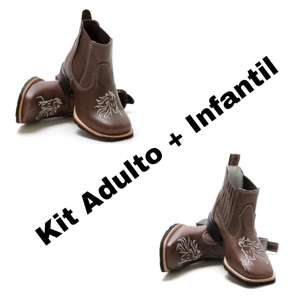 Kit Adulto E Infantil De Botina Unissex Bordada De Couro Legítimo